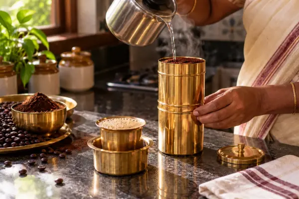 Traditional South Indian filter coffee being brewed