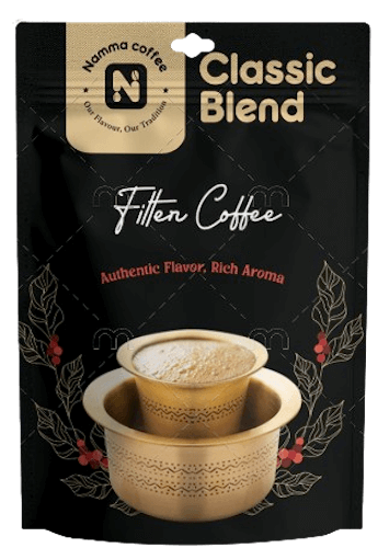 Packaging of Namma Coffee's Classic Blend Filter Coffee, featuring an image of traditional South Indian filter coffee served in a brass davara set, with the tagline Authentic Flavor, Rich Aroma