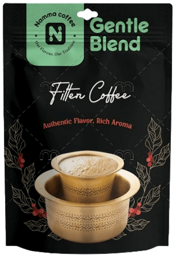 Packaging of Namma Coffee's Gentle Blend Filter Coffee, featuring an image of traditional South Indian filter coffee served in a brass davara set, with the tagline Authentic Flavor, Rich Aroma