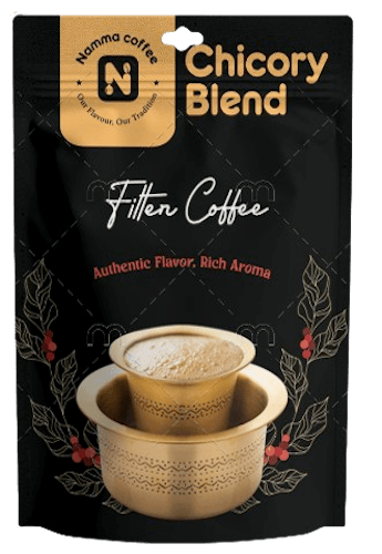 Packaging of Namma Coffee's Chicory Blend Filter Coffee, featuring an image of traditional South Indian filter coffee served in a brass davara set, with the tagline Authentic Flavor, Rich Aroma