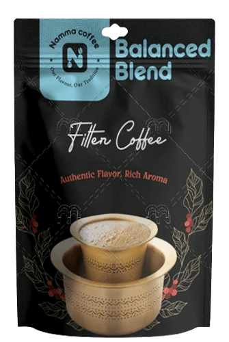 Packaging of Namma Coffee's Balanced Blend Filter Coffee, featuring an image of traditional South Indian filter coffee served in a brass davara set, with the tagline Authentic Flavor, Rich Aroma