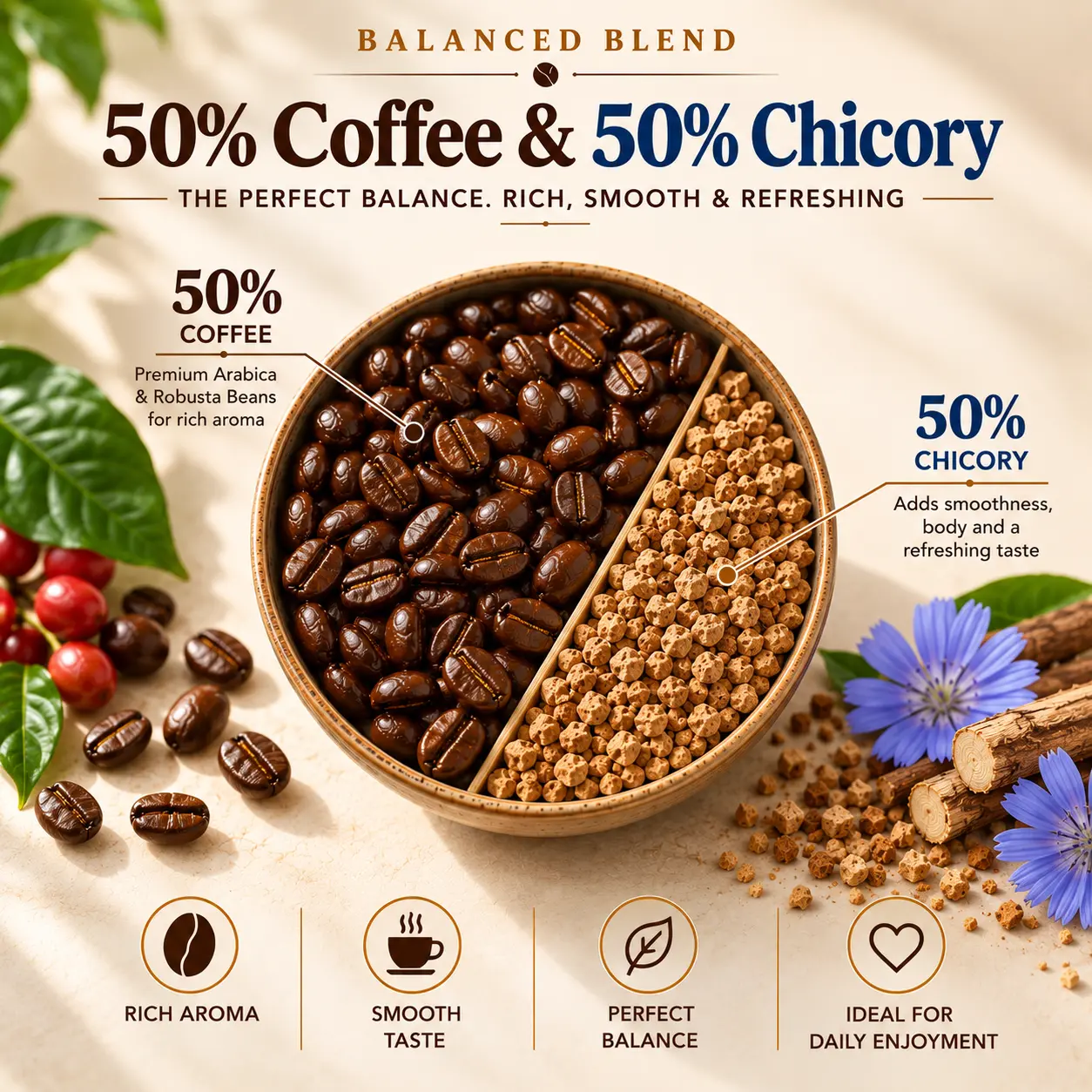 Namma Coffee Balanced Blend with 50% coffee beans and 50% chicory, highlighting rich aroma, smooth taste and balanced flavour